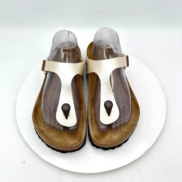 Birkenstock Gizeh Women Size 9 White Birko Flor Leather Thong T Strap Sandal - Picture 1 of 10